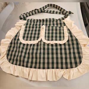 Retro Green and Cream Plaid Apron with Cream Ruffle Trim